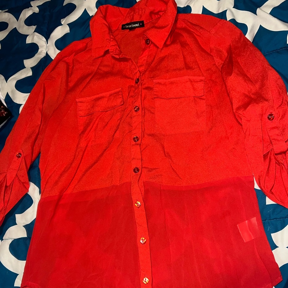 Red Sheer Button-Up Blouse
